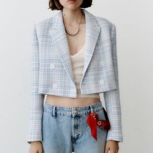 Zara Women's Blue and Cream Checkered Blazer XS Size
